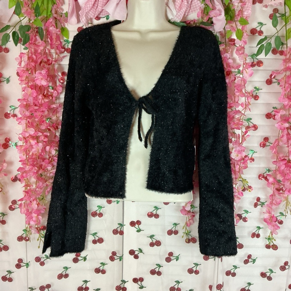 NWT Black sparkle fuzzy tie sweater